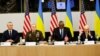 Генералниот секретар на НАТО Јенс Столтенберг, претседателот на Здружениот Генералштаб на САД, генерал Марк А. Мили, американскиот секретар за одбрана Лојд Остин и министерот за одбрана на Украина, Олексеј Резников. Брисел, 14 февруари 2023 година