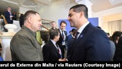 Ministrul afacerilor externe din Malta, Ian Bor şi şeful Biroului prezidenţial din Ucraina, Andryi Yermak, înainte de începerea discuţiilor de pace din Malta.