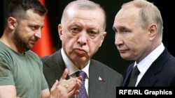 Украин президенти Владимир Зеленский, Түркиянын президенти Режеп Тайып Эрдоган жана Орусиянын лидери Владимир Путин.