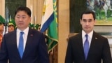 Türkmenistanyň prezidenti Serdar Berdimuhamedow (sagda) we Mongoliýanyň prezidenti Uhnaagiýn Hurelsuh. Aşgabat. Oktýabr, 2024 ý.