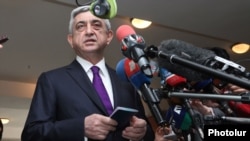 Armenia - President Serzh Sarkisian talks to journalists after casting his vote at the Yerevan city elections, Yerevan,5May,2013