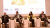 Armenia - Armenian deputy parliament speaker Arpine Hovannisian (second from right), U.S. Ambassador Richard Mills (right) and EU Ambassador Piotr Switalski (left) at a panel discussion in Yerevan, 27Nov2017.