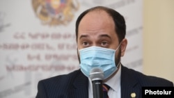 Armenia -- Eucation Minister Arayik Harutiunian at a news conference in Yerevan, September 16, 2020.
