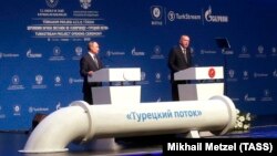 رجب طیب اردوغان (راست) در کنار ولادیمیر پوتین در مراسم افتتاحیه ترکاستریم