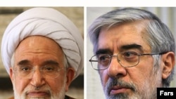 میرحسین موسوی (راست) و مهدی کروبی، رهبران معترض از بهمن سال ۱۳۸۹ تا کنون در حصر خانگی به سر می برند.