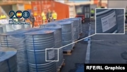 Butoaiele cu substanțe chimice confiscate de autoritățile spaniole prezintă abrevierea compusului N-metil-2-pirrolidonă.