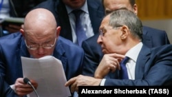 Постійний представник Росії в ООН Василь Небензя і голова російського МЗС Сергій Лавров в Нью-Йорку на засіданні Радбезу ООН у січні 2018-го