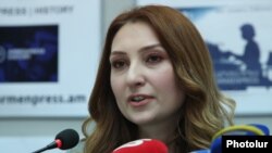 Armenia -- Lilit Makunts, the parliamentary leader of the ruling My Step bloc, at a news conference in Yerevan, May 6, 2019.
