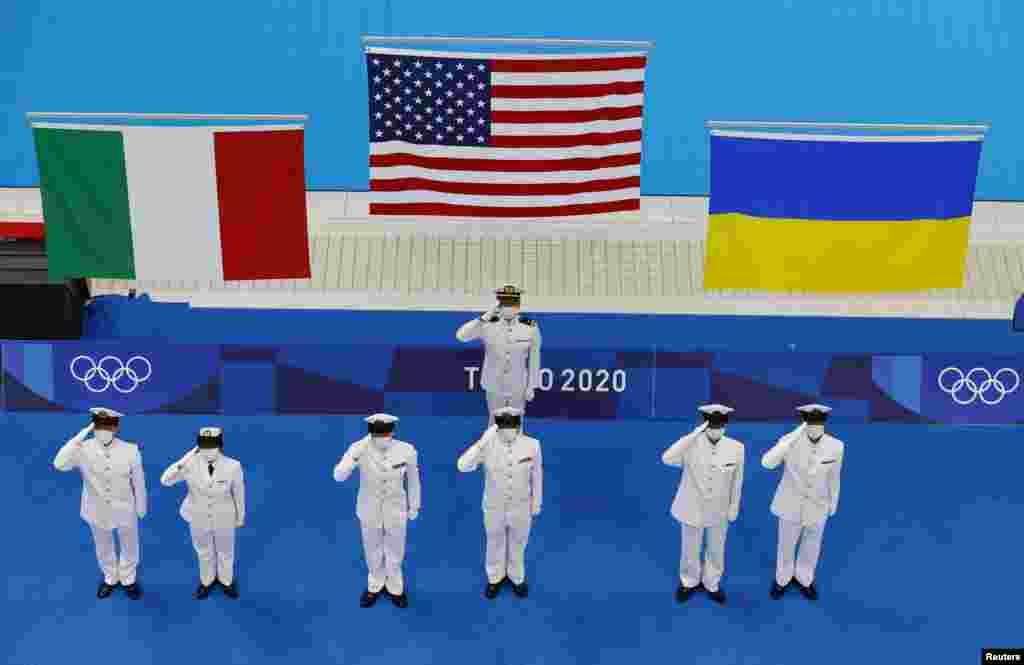 Церемонія нагородження медалями за змагання у плаванні – чоловіки на 800 м вільним стилем. Українець Михайло Романчук виборов бронзову медаль. Токіо, Японія, 29 липня 2021 року