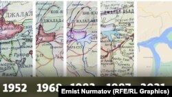 “Кемпир-Абад” же "Анжиян" суу сактагычы жайгашкан кыргыз-өзбек чек арасынын ар кайсы жылдардагы өзгөрүшү. 1953-жылдагы, 1968-жылдагы, 1983-жылдагы, 1987-жылдагы жана 2021-жылдагы карта.