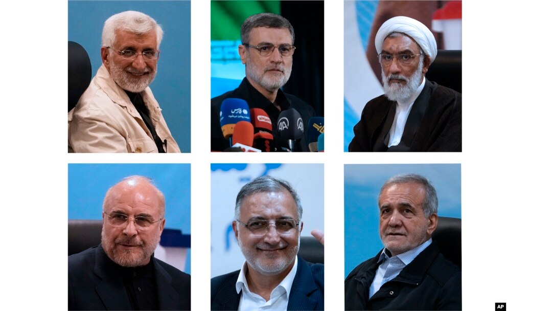 Šest odobrenih kandidata na predstojećim predsjedničkim izborima u Iranu (u smjeru kazaljke na satu odozgo desno): Mostafa Pourmohammadi, Amirhossein Ghazizadeh Hashemi, Saeed Jalili, Masud Pezeshkian, Alireza Zakani, Mohammad Baqer Qalibaf